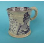 1838 Victoria: a Swansea Pottery mug the waisted body printed in purple with named and dated