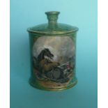 A malachite tobacco jar, cover and plunger: War (219) and Peace (220) 136mm, cracked (3) (pot lid,