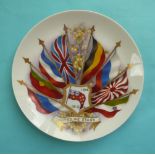 World War I: a plate by Rosenthal decorated with flags in colours and gilt dated 1914-1915 (