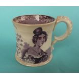 1838 Coronation: a Swansea pottery mug the waisted body printed in purple with portraits centred