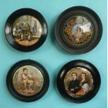 Four framed figural pot lids (4) (pot lid, potlid, prattware)