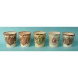 1897 Jubilee: five Doulton Burslem pottery beakers each printed with a young head in profile and