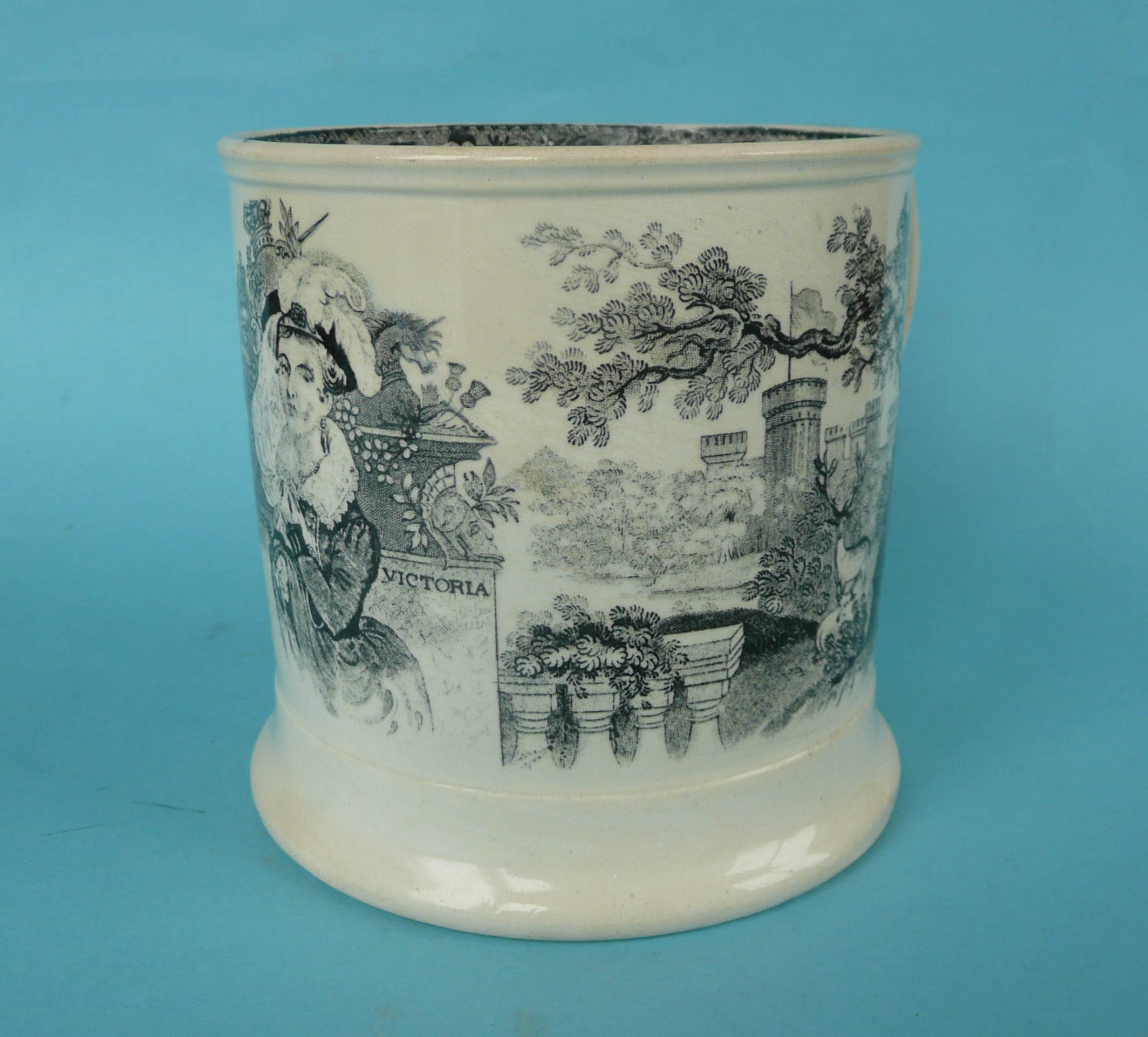 1838 Victoria: a rare large cylindrical mug printed in black with a named hatted portrait surmounted