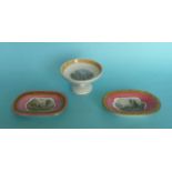 A small near rectangular pin tray, another oval, restored, both pink ground and a miniature comport: