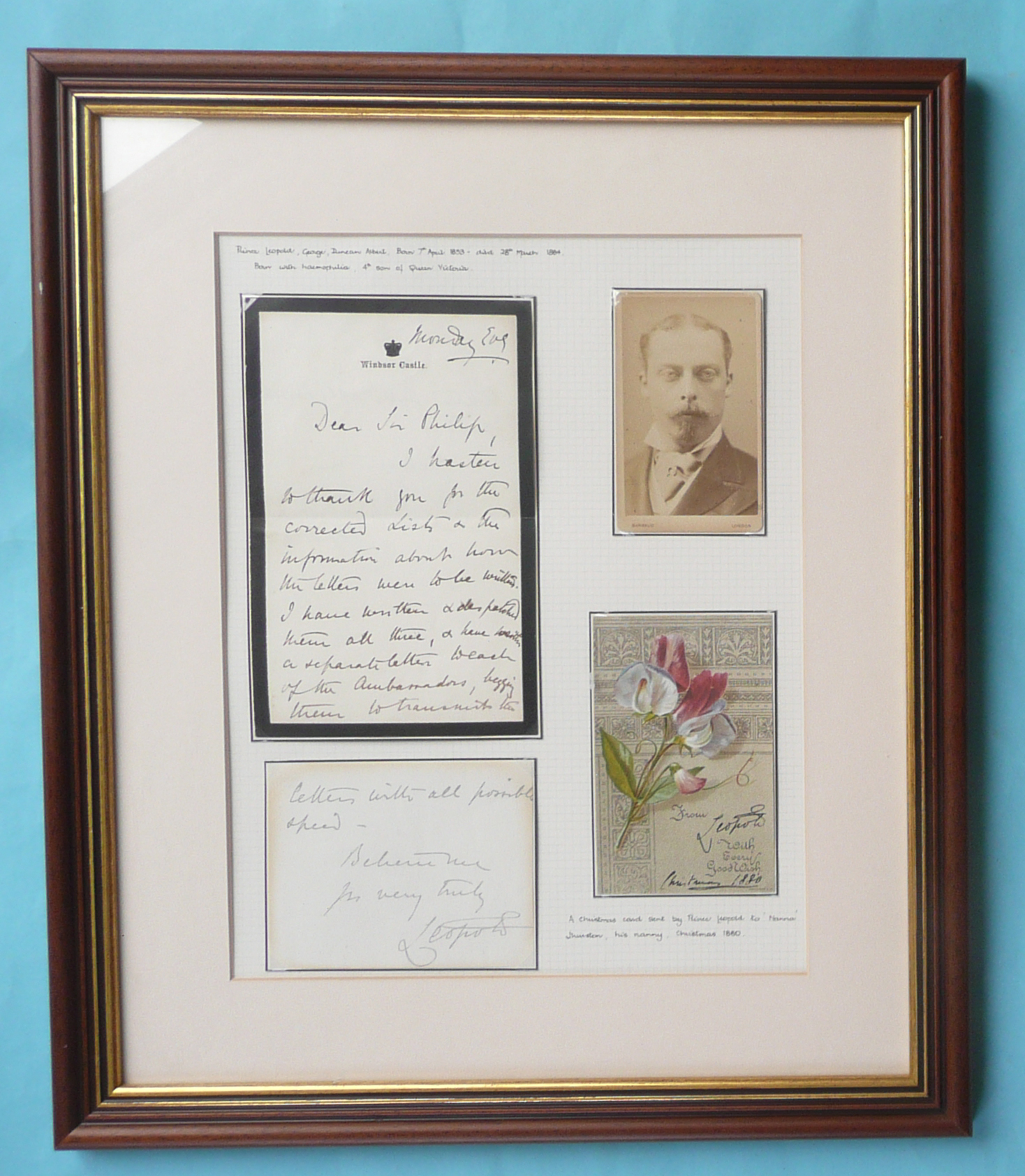 1880 Prince Leopold: a framed display comprising a carte de visite photograph by Barraud, a