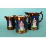 1840 Wedding: a graduated set of three copper lustre pottery jugs moulded with colourful full-length