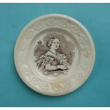1838 Coronation: a nursery plate with moulded floral border printed in brown with a named