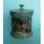 A malachite tobacco jar and cover of large size: Jolly Topers (406) 150mm, restored (2) (pot lid,