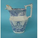 1837/ 1838 Victoria: an octagonal pottery jug with maskhead spout printed in blue with a named