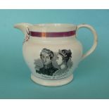 1840 Wedding: a pink lustre decorated pottery jug printed in black with named portraits and view