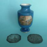 A blue ground urn shaped vase, 160mm and two engraved soft metal printing plates (3) (pot lid,