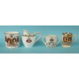 1902 Coronation: an Aynsley mug for Whiteley, a small Royal Doulton cream jug, a small Goss loving