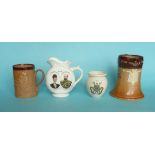 A Doulton Lambeth brown stoneware mug, a continental porcelain jug and a Goss vase all for the