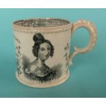 1837 Proclamation: a good Staffordshire pottery cylindrical mug printed in black with portraits