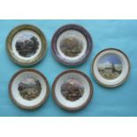 Two pairs of plates with building subjects and one other (5) (pot lid, potlid, prattware)