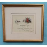 1932 Queen Mary: a Christmas card inscribed in ink ‘To Darling Mary, Great Aunt May’, framed 234 x