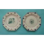 1840 Wedding: a pair of octagonal nursery plates with floret moulded borders printed in green, one