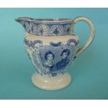 1840 Wedding: a pottery jug printed in blue with named portraits and crown centred by the date,