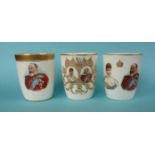 1902 Coronation: three Royal Doulton porcelain curved sided beakers one with green printed