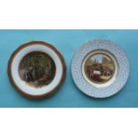 An unusual porcelain plate: The Truant (413) gilt lined purple border and another: The Bull Fight (