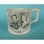 A cylindrical pottery mug printed in grey with named portraits, 91mm * See Victoria Remembered,