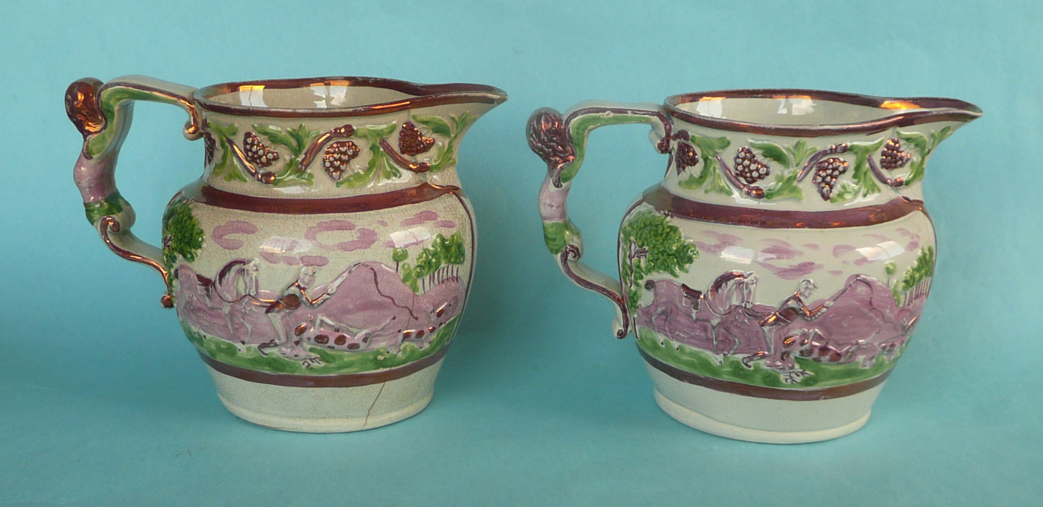 1820 General Election: a rare pair of pink lustre jugs set with elaborate figural handles the bodies - Image 2 of 2