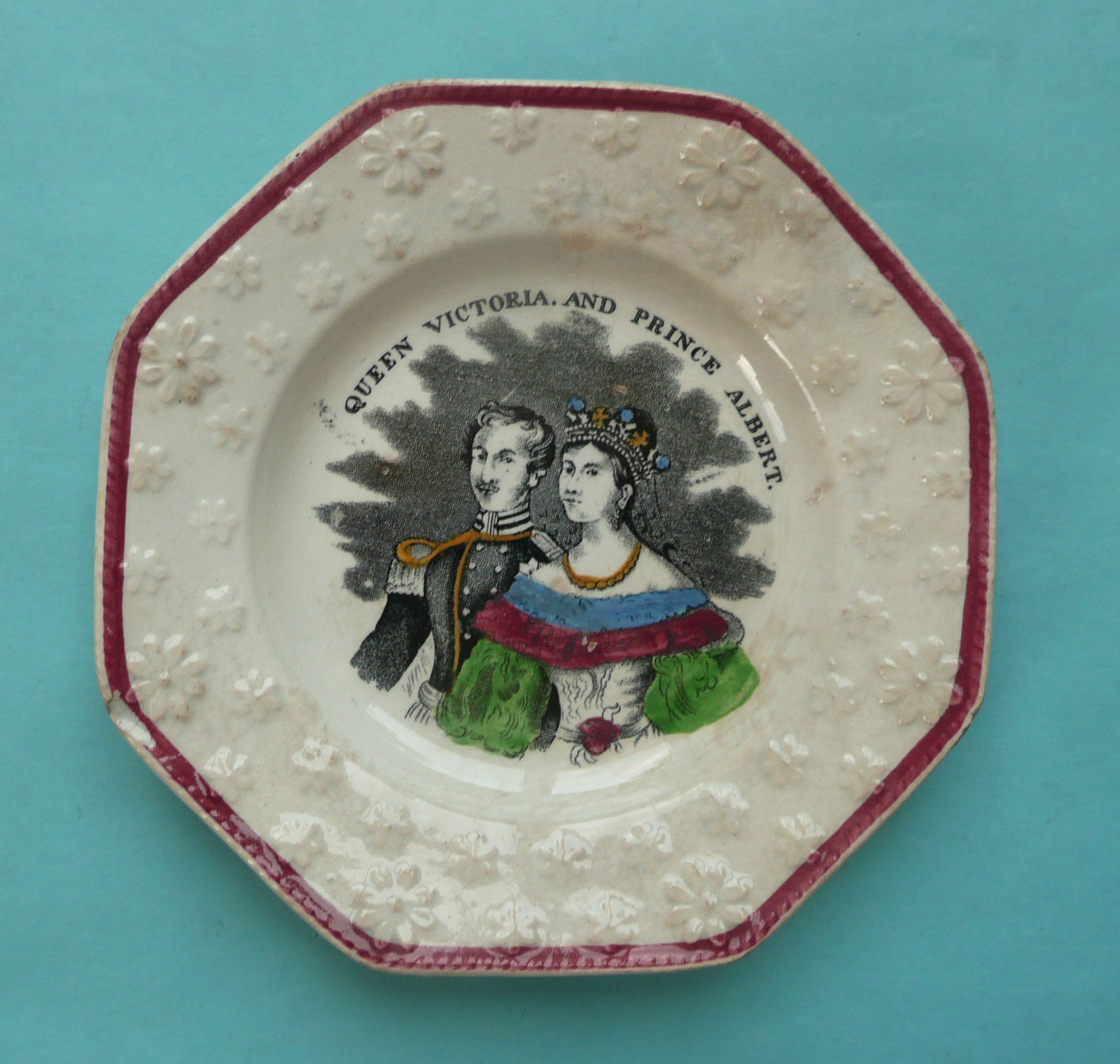 1840 Wedding: an octagonal nursery plate printed in black and decorated in colours, 170mm,