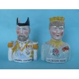 1911 Coronation: a pair of colourful continental porcelain jugs modelled as busts, 142mm (2) (