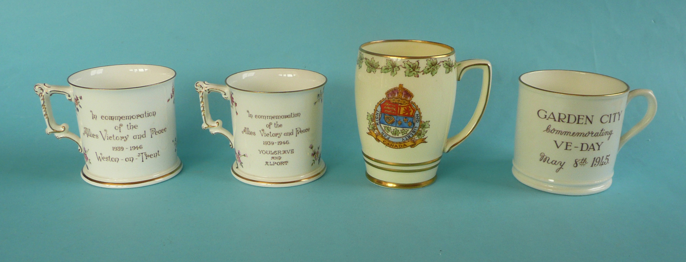 World War II: a Royal Crown Derby ‘Allies Victory and Peace’ mug for Weston-on-Trent, 76mm,