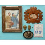 1934 Wedding of Duke of Kent: a small pair of Zsolnay face masks, an oval plaque after Wilding, a