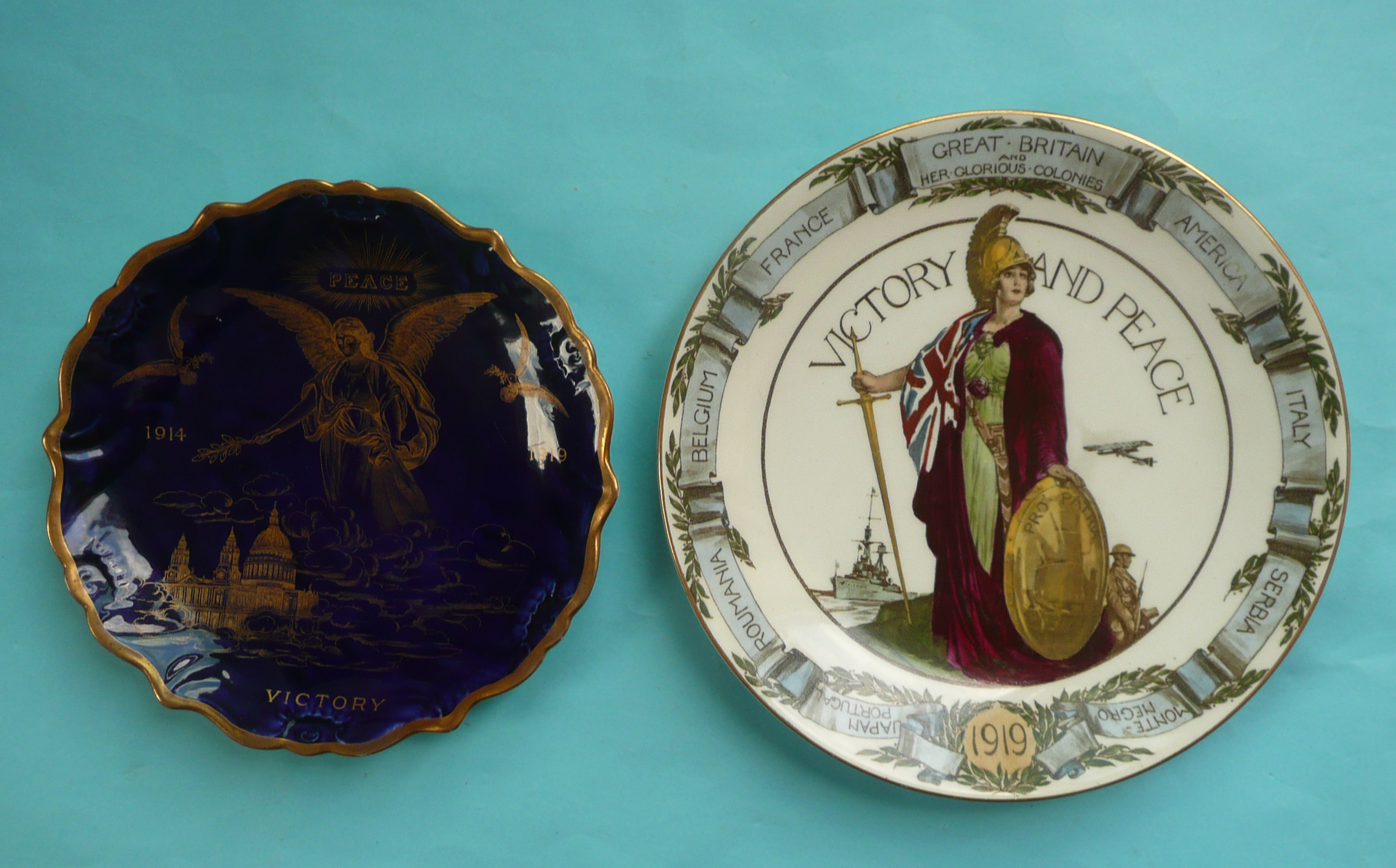 1919 Victory: a plate by Chelson China the cobalt blue ground decorated in gilt and another by Royal