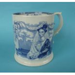 1837/1838 Victoria: a cylindrical pottery mug printed in blue with a named portrait and Windsor