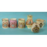 1897 Jubilee: three William Lowe tapering pottery mugs, a similar jug and two Goss pieces (6) (