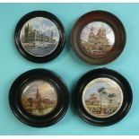 Four famed pot lids depicting buildings (4) (pot lid, potlid, prattware)