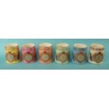 1887 Jubilee: six tapering pottery mugs by William Lowe each with a different colour ground, the