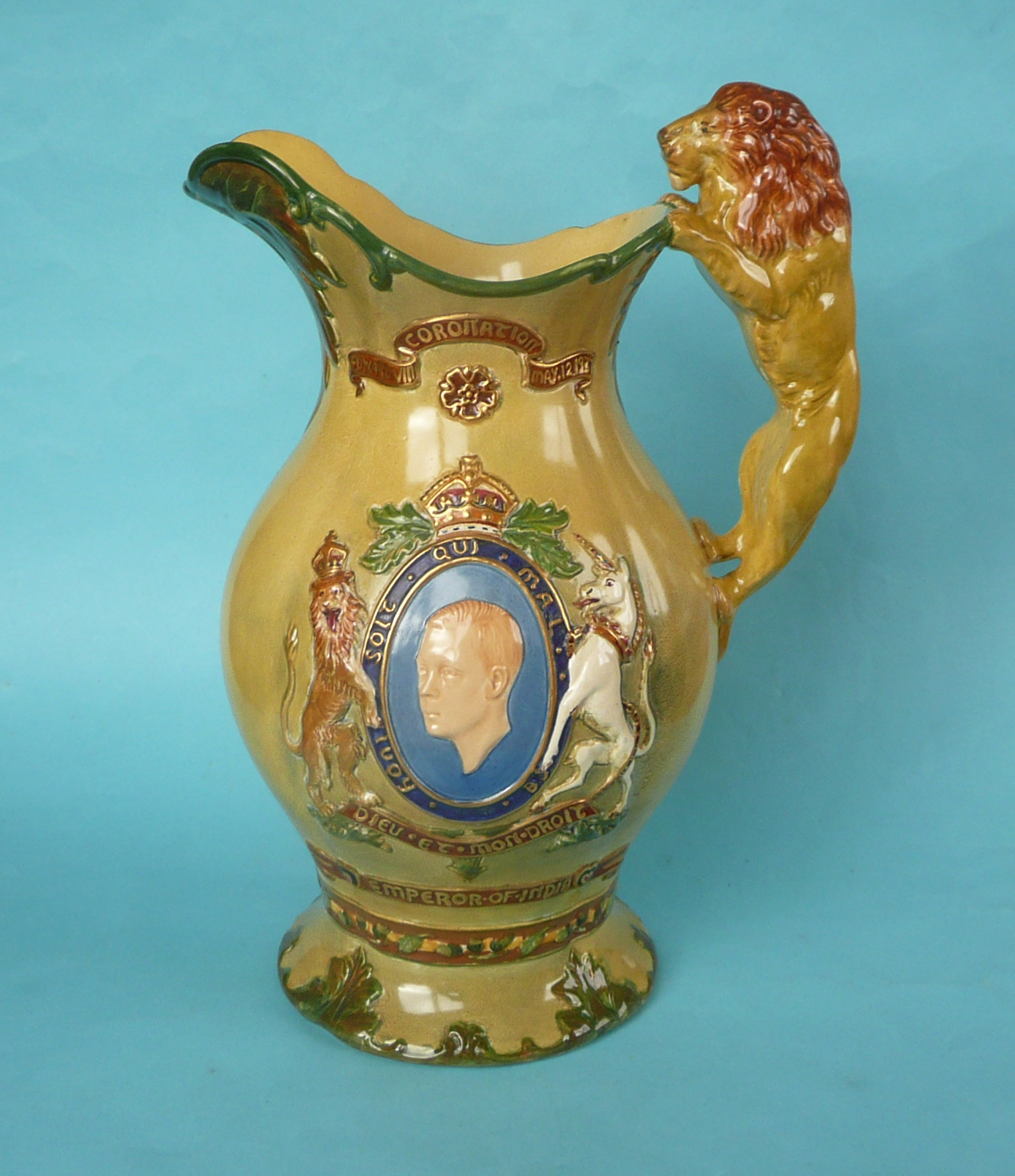 A good Edward VIII coronation musical moulded jug impressively decorated in colours and gilt,