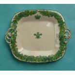 1860 Visit to Canada by the Prince of Wales: a square pottery dish with twin pierced handles printed