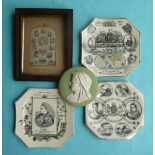 1887 Jubilee: three octagonal plates, an undated green jasperware circular portrait plaque and a