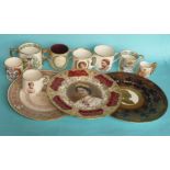 Elizabeth II: two loving cups, five mugs and an Aynsley plate all for 1953, a Caverswall plate for