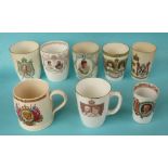 1911 Coronation: two Royal Doulton porcelain curved sided beakers, four other beakers and two mugs