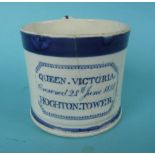 1838 Victoria: a cylindrical mug printed in blue with name, date and inscribed Hoghton Tower,