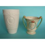 1937 Coronation: a large white pottery beaker shaped vase with moulded decoration, 220mm and a