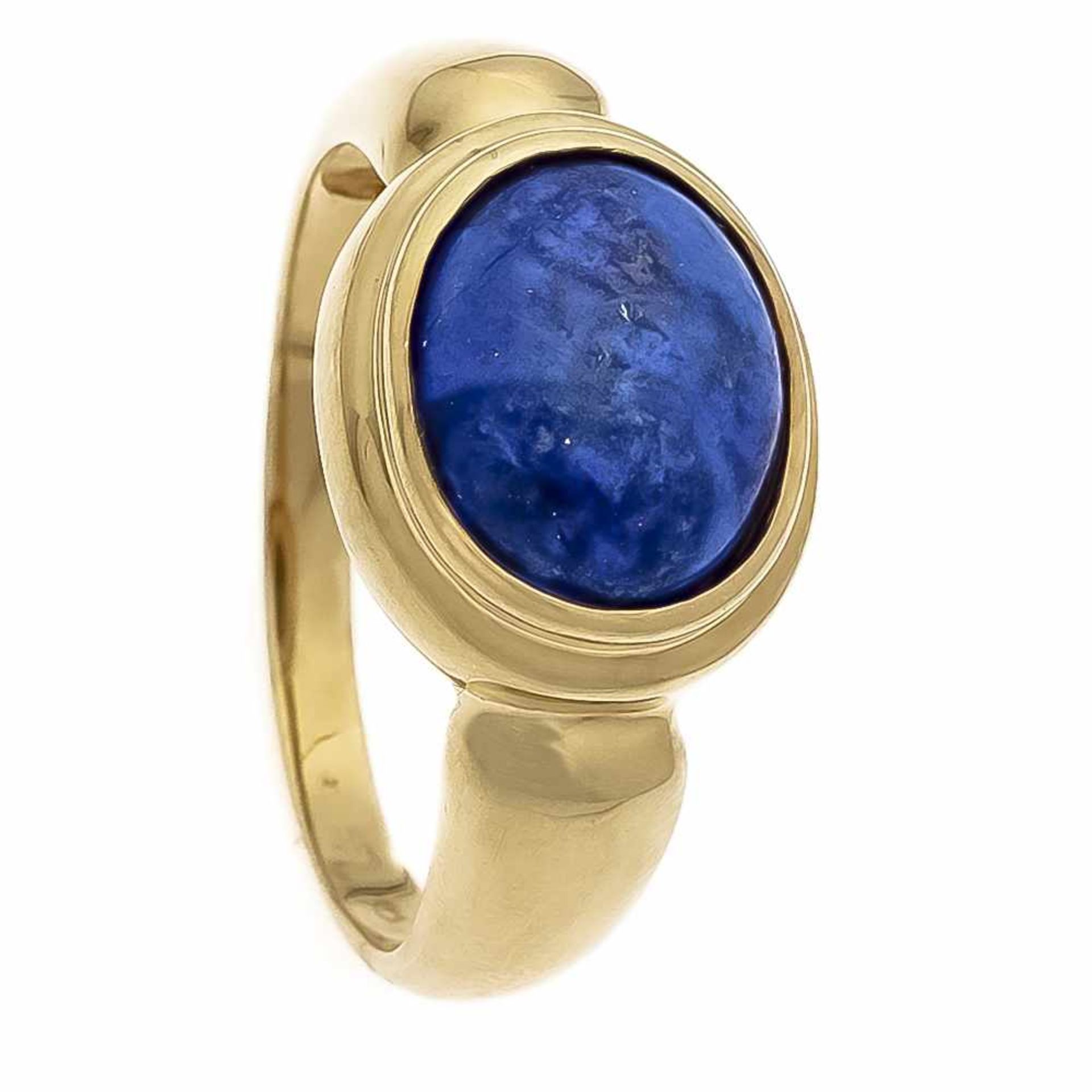 Lapislazuli-Ring GG 585/000 mit einem ovalen Lapislazulicabochon 12 x 10 mm, RG 66, 7,5 gLapis