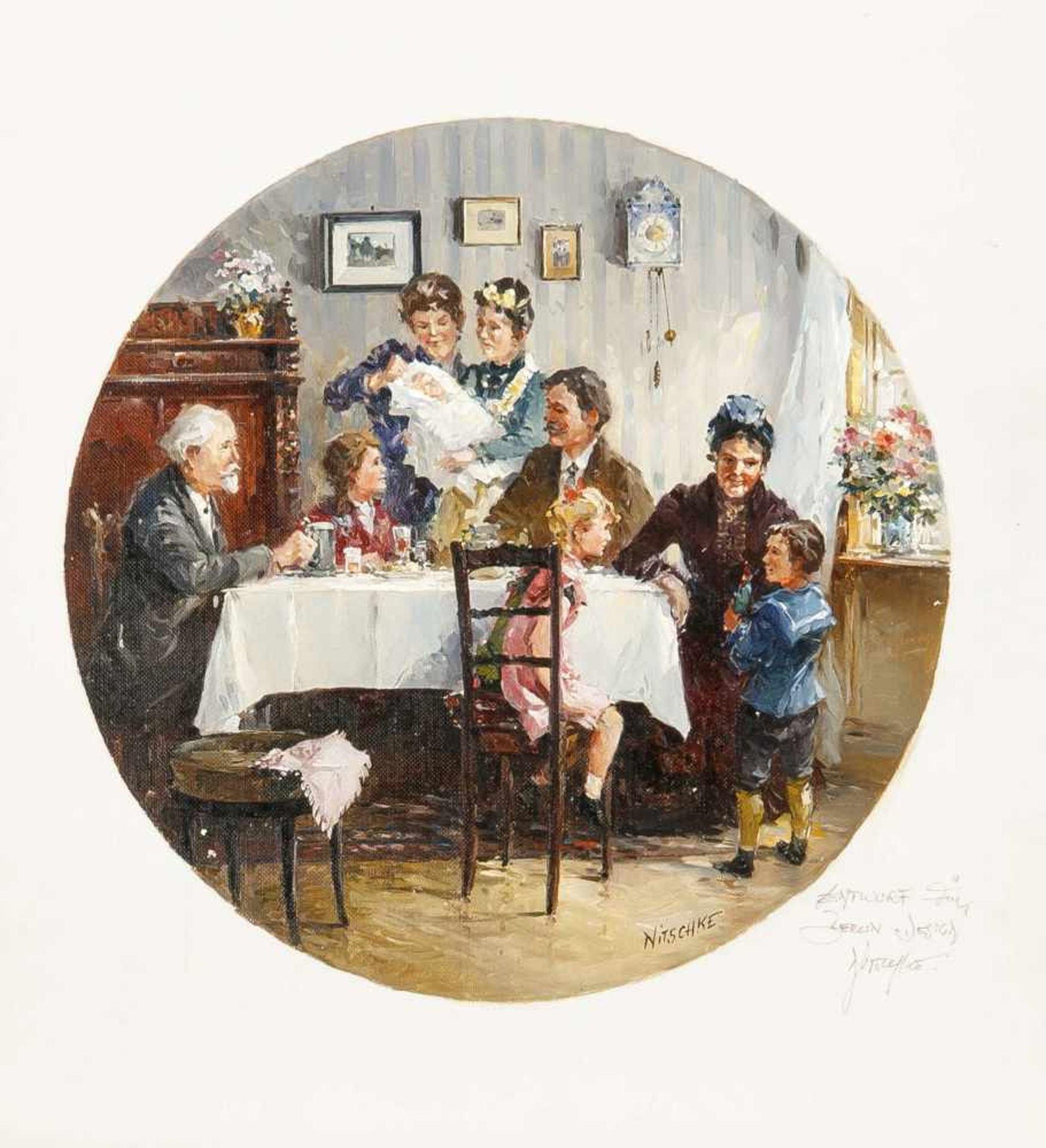 Detlev Nitschke (*1935), Berliner Maler, Folge von 7 Gemälden, Entwürfe für Teller-Serie'Familie - Bild 4 aus 7