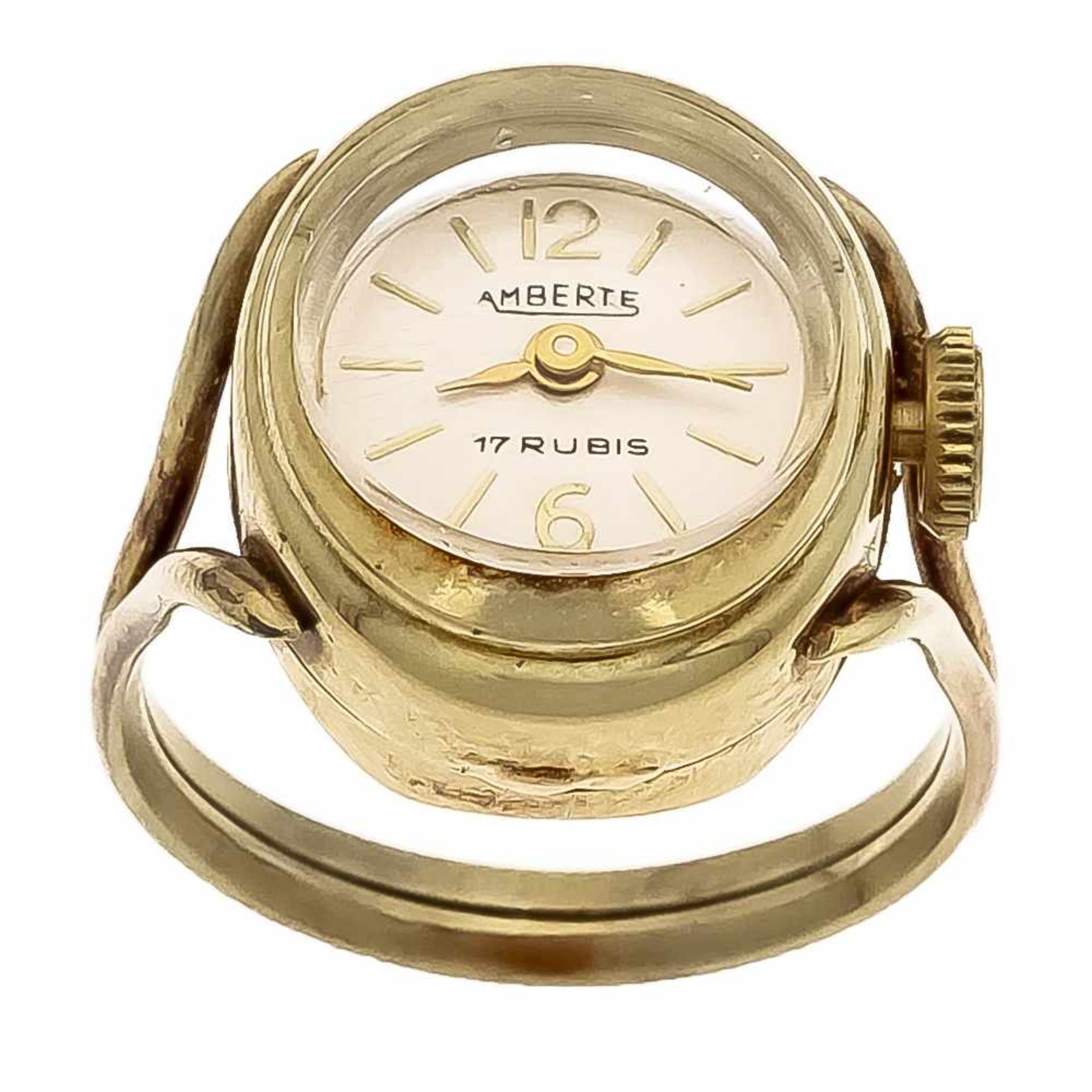 Uhren-Ring GG 585/000 mit einer Uhr, Amberte, Handaufzug, 17 Rubine, D. 17 x 16 mm, läuft,RG 54, 6,2 - Bild 2 aus 2