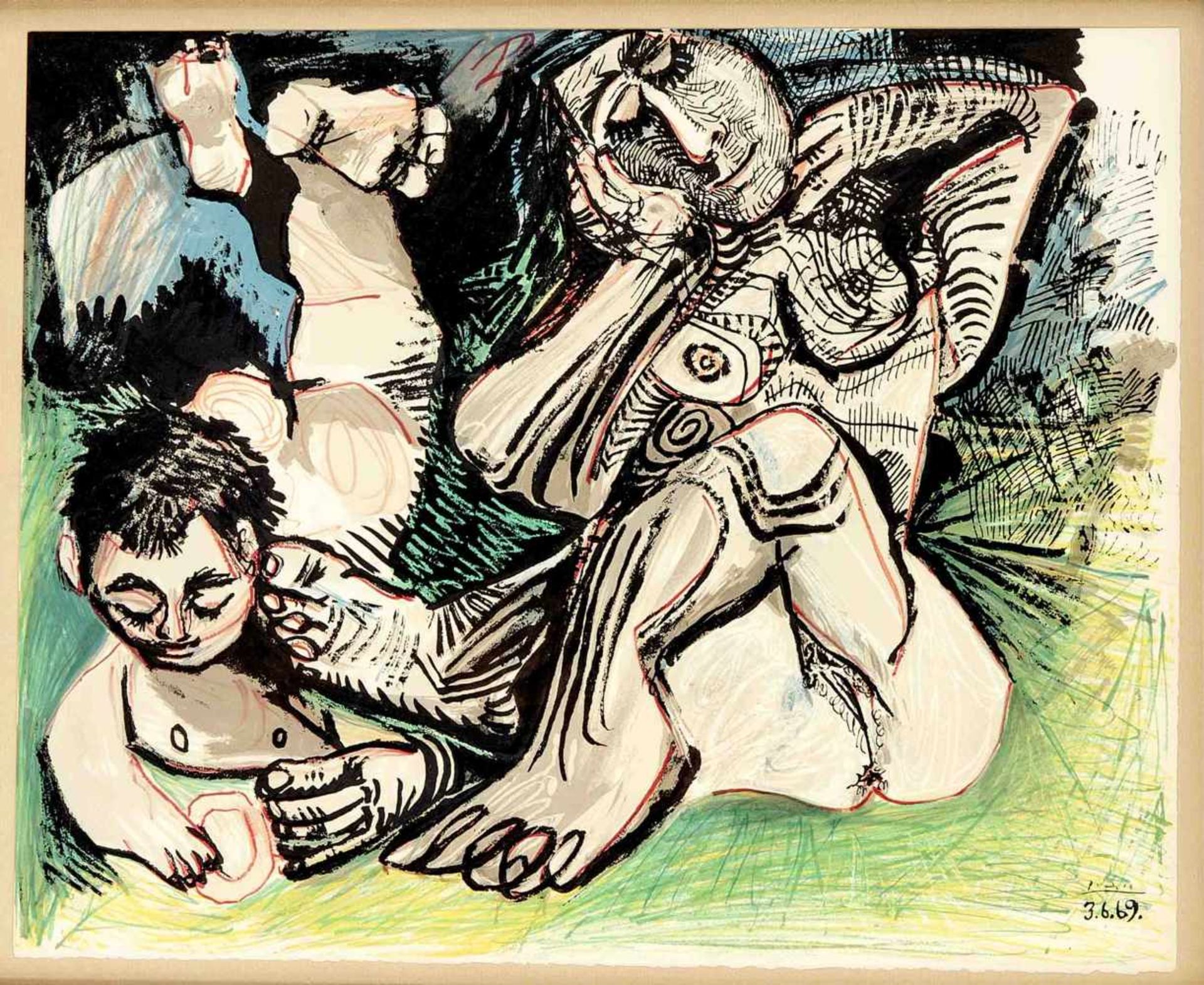 Pablo Picasso (1881-1973), "Femme et jeune garcon nus", Farblithographie bei Spadem,1972. Im Stein