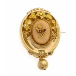 Schaumgoldbrosche um 1840 Rückseit Gold, mit einer ovalen Achatplatte 20 x 15 mm und 2Rubincabochons