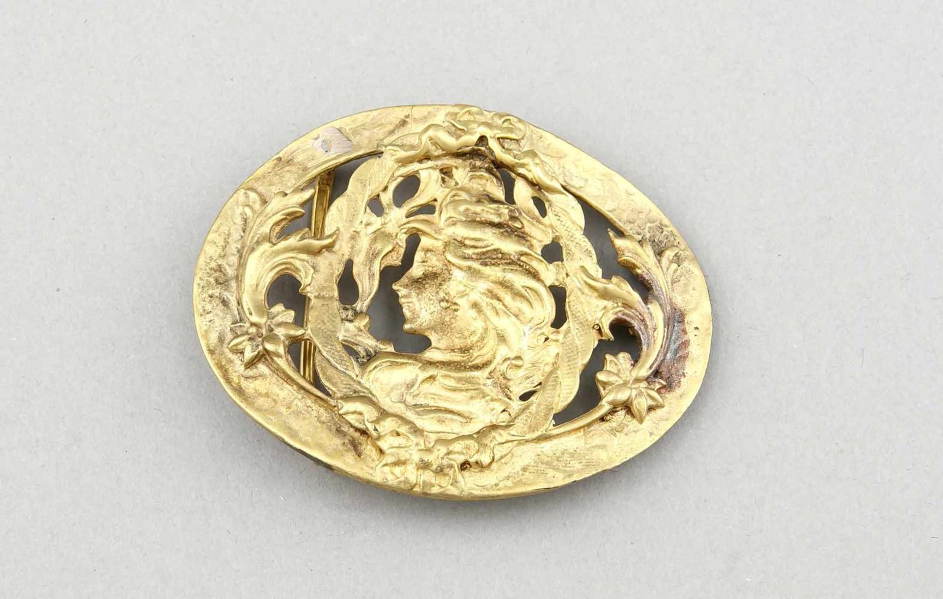 Jugendstil-Gürtelschnalle, Frankreich, Anfang 20. Jh., Kupfer vergoldet (galvanisch),ovale Form