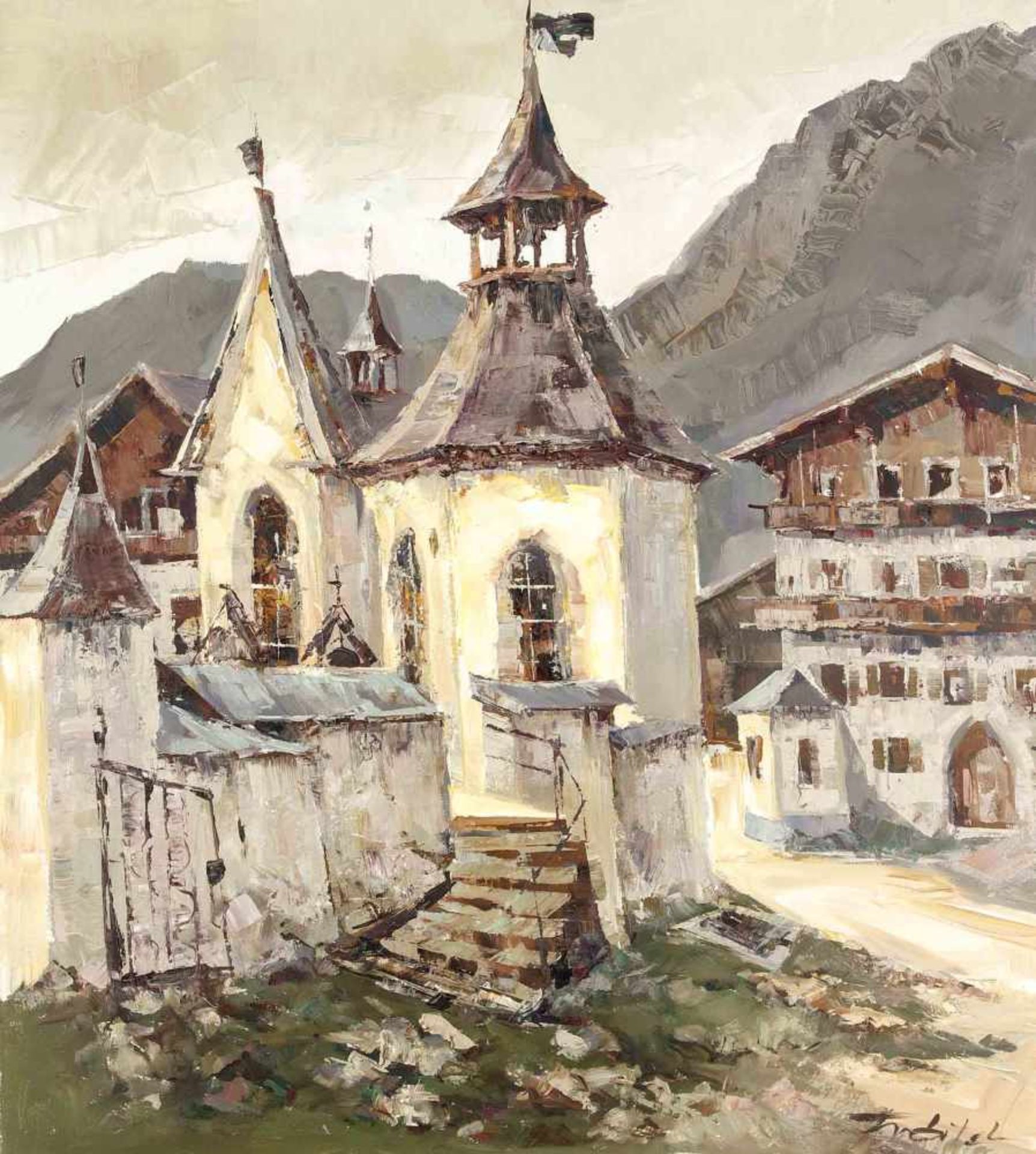 Robert Trätzl (1913-1986), Münchner Maler, Kirche in Südtirol, gespachtelte Arbeit inÖl/Lwd., u. re.