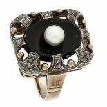 Onyx-Diamant-Perlen-Ring GG/WG 585/000 um 1920, mit einer.weißen Zuchtperle 5 mm auf einerovalen